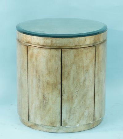 ROUND END TABLE WITH GLASS TOP: ROUND END TABLE WITH GLASS TOP. Height: 26 in. by Width: 24 in.