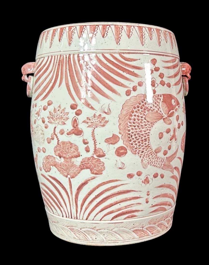 CHINESE GLAZED CERAMIC FISH MOTIF GARDEN STOOL: CHINESE GLAZED CERAMIC FISH MOTIF GARDEN STOOL. Height: 17 in. by Width: 13 in. by Depth: 13 in.