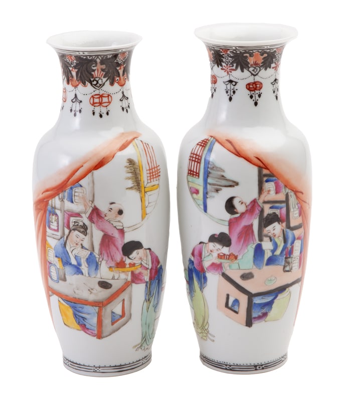 PAIR OF CHINESE REPUBLIC ROSE PORCELAIN VASES: PAIR OF CHINESE REPUBLIC ROSE PORCELAIN VASES, DEPICTING FIGURES IN A COURTYARD, HAVING SEALS MARKS TO UNDERSIDE. Height: 9 in. by Width: 3.5 in. by Depth: 3.5 in.