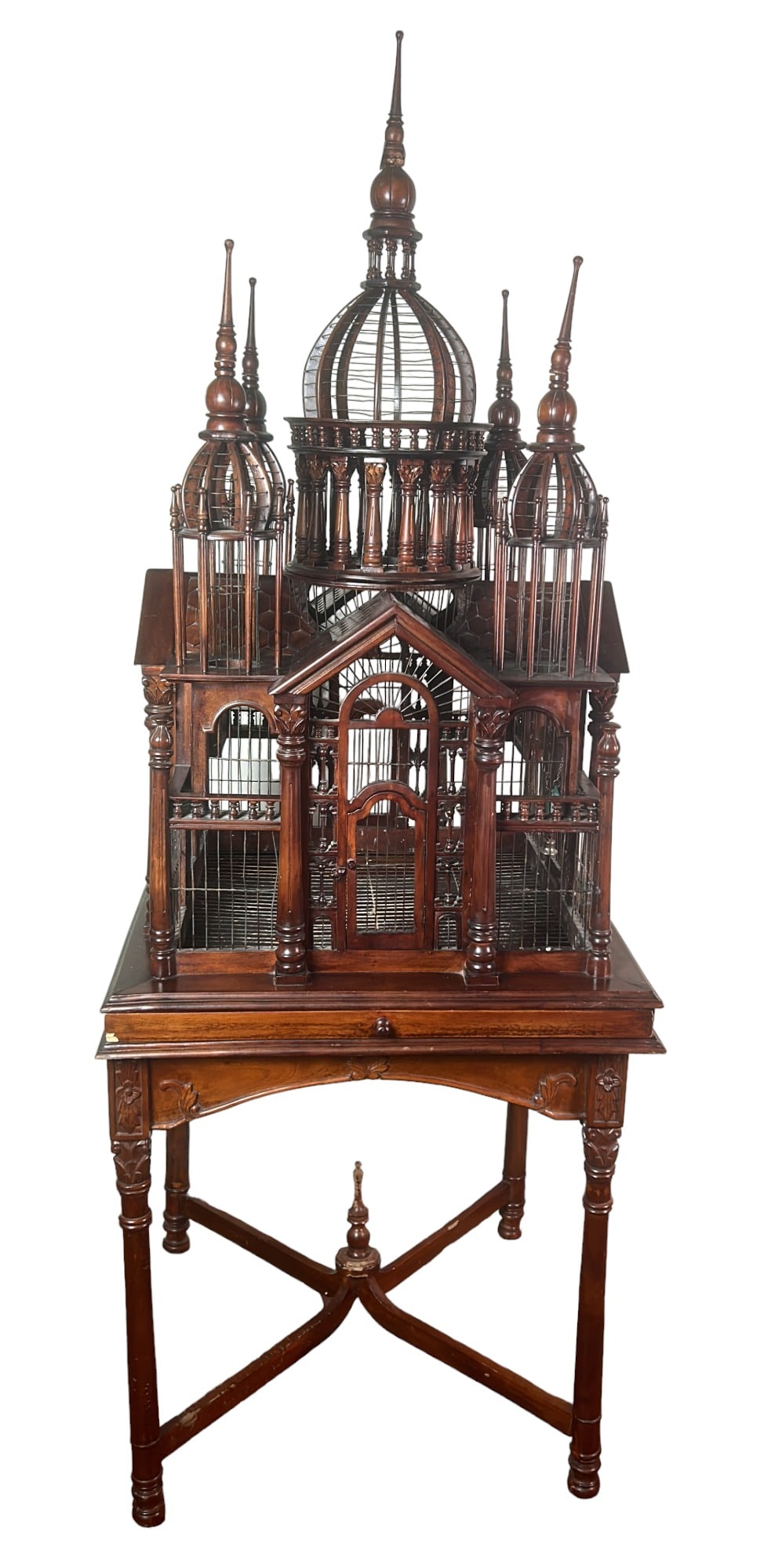 VINTAGE BIRDCAGE BASILCA SACRE COEUR DESIGN: VINTAGE MAHOGANY BIRDCAGE ON TABLE HEIGHT BASE. BASED ON A DESIGN AFTER THE SACRE COEUR BASILICA IN MONTMATRE, PARIS. DATING FROM THE SECOND HALF OF THE 20th CENTURY. Height: 69 in. by Width: 27 in. b