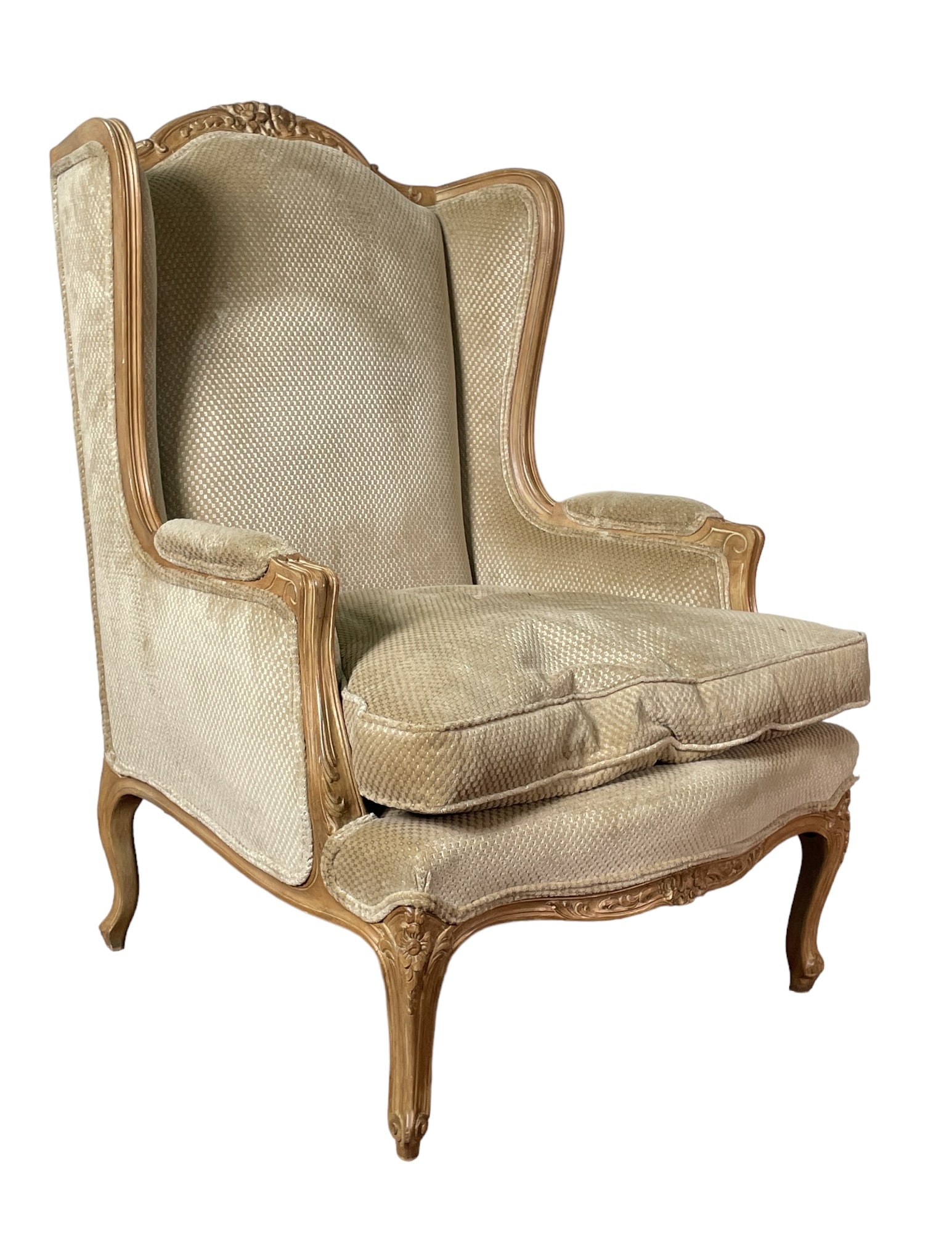 VINTAGE WING CHAIR: VINTAGE WING CHAIR. Height: 43 in. by Width: 29 in. by Depth: 32 in.