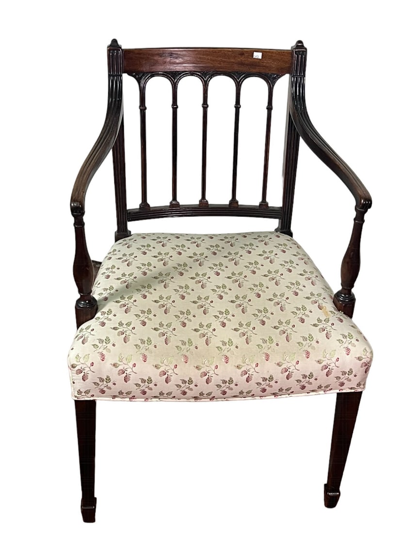 REGENCY PERIOD MAHOGANY ARMCHAIR: REGENCY PERIOD MAHOGANY ARMCHAIR. Height: 33.5 in. by Width: 21 in. by Depth: 17.25 in.