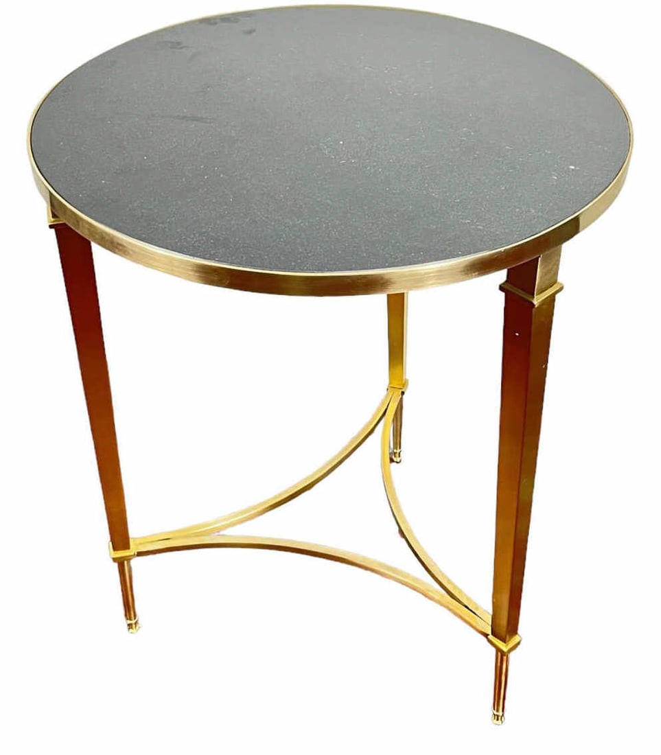 CONTEMPORARY BRASS BASE BLACK MARBLE TOP TABLE: CONTEMPORARY BRASS BASE MARBLE TOP OCCASIONAL TABLE. Height: 25 in. by Width: 21.5 in. by Depth: 21.5 in.