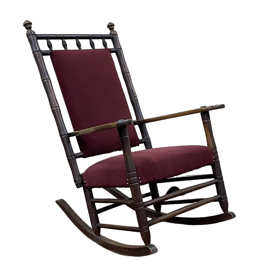 ANTIQUE FAUX BAMBOO ROCKING CHAIR: ANTIQUE FAUX BAMBOO ROCKING CHAIR. Height: 42 in. by Width: 29 in. by Depth: 35 in.