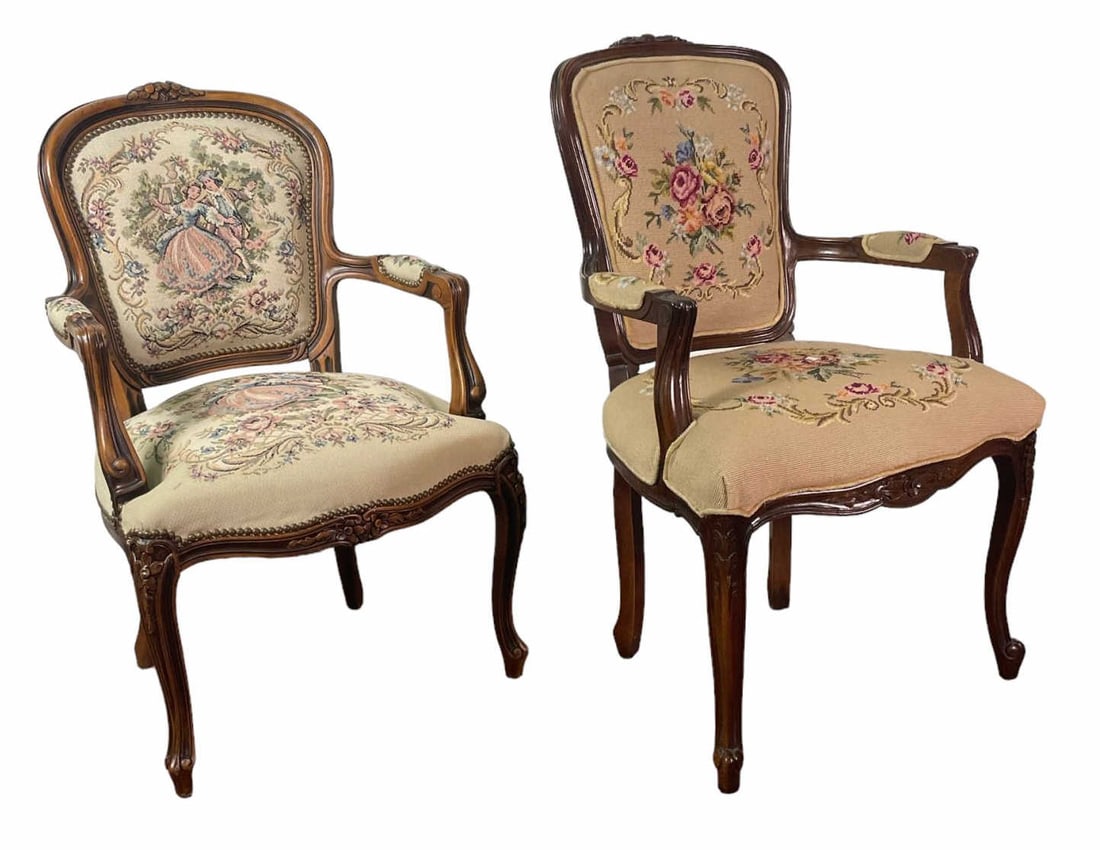 LOT OF TWO FRENCH NEEDLEPOINT ARMCHAIRS: LOT OF TWO FRENCH NEEDLEPOINT ARMCHAIRS. Height: 37 in. by Width: 23 in. by Depth: 24 in.