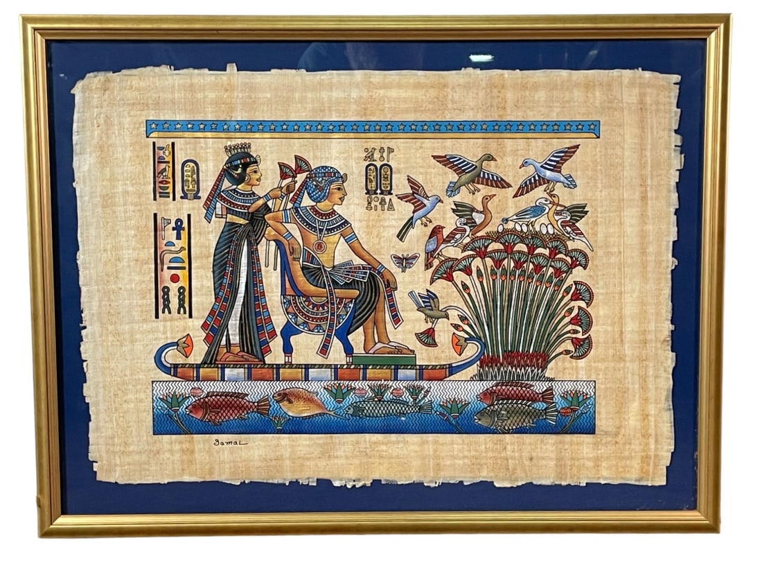 EGYPTIAN PHAROAH KING TUT PAINTING ON PAPYRUS: EGYPTIAN PHAROAH KING TUT PAINTING ON PAPYRUS BY GAMAL Height: 22 in. by Width: 29.75 in. by Depth: 1