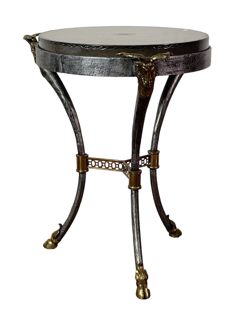 RAMS HEAD STEEL & BRASS TABOURET TABLE: RAMS HEAD STEEL & BRASS TABOURET TABLE. Height: 22.5 in. by Width: 17.5 in. by Depth: 17.5 in.