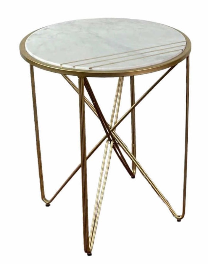 BRASS AND MARBLE TOP SIDE TABLE: BRASS AND MARBLE TOP SIDE TABLE. Height: 24.25 in. by Width: 20 in. by Depth: 20 in.