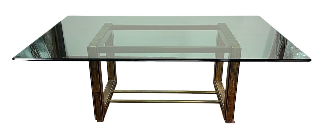MASTERCRAFT GLASS TOP BRASS BASE DINING TABLE: MASTERCRAFT GLASS TOP BRASS BASE DINING TABLE. Height: 29.5 in. by Width: 47 in. by Depth: 83.5 in.