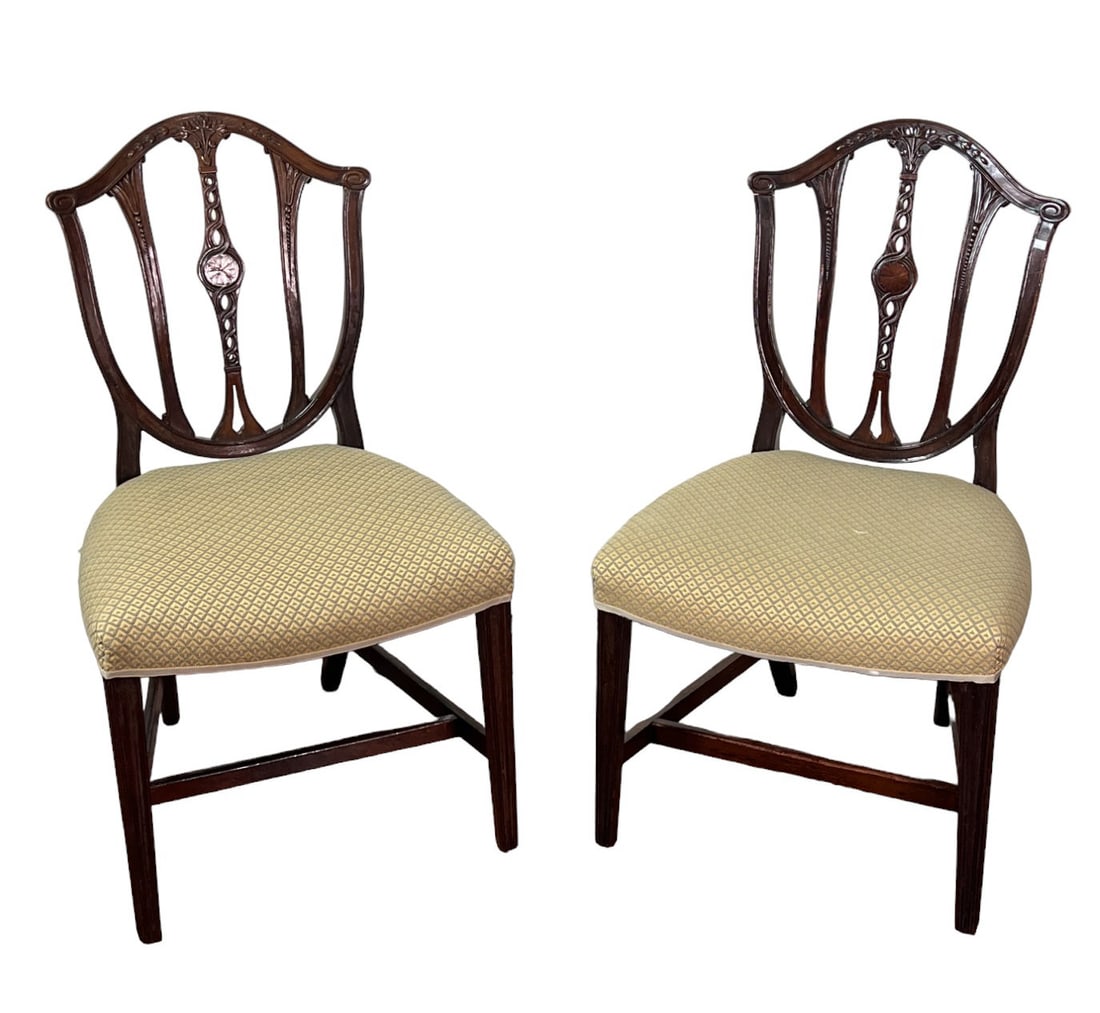 SET FOUR 19th CENTURY ENGLISH SHIELD BACK CHAIRS: SET FOUR 19th CENTURY ENGLISH SHIELD BACK CHAIRS. Height: 36.75 in. by Width: 20.75 in. by Depth: 21 in.
