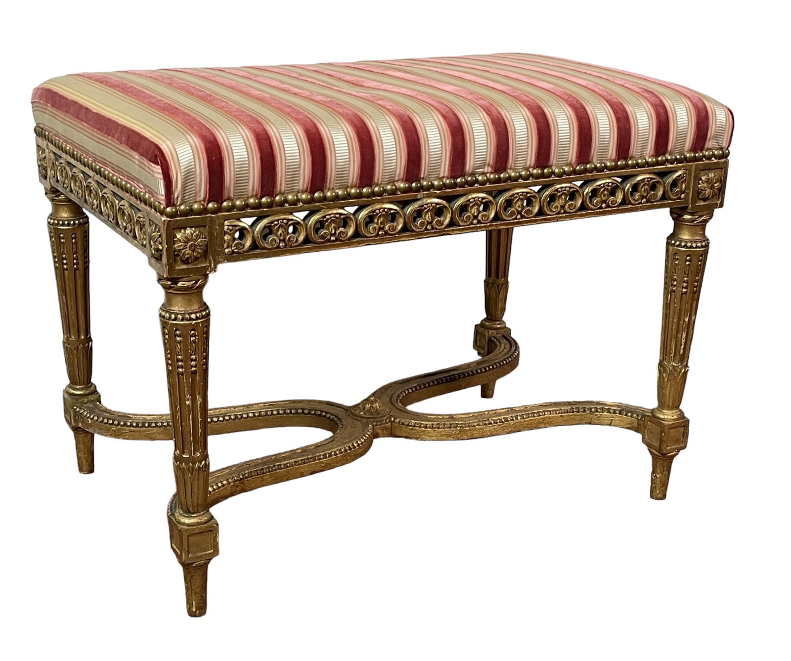 19th CENTURY LOUIS XVI STYLE FRENCH GILT STOOL: 19th CENTURY LOUIS XVI STYLE FRENCH GILT STOOL WITH NEOCLASSICAL DESIGN CARVED & GILDED TABORET STOOL. Height: 17 in. by Width: 24 in. by Depth: 16 in.