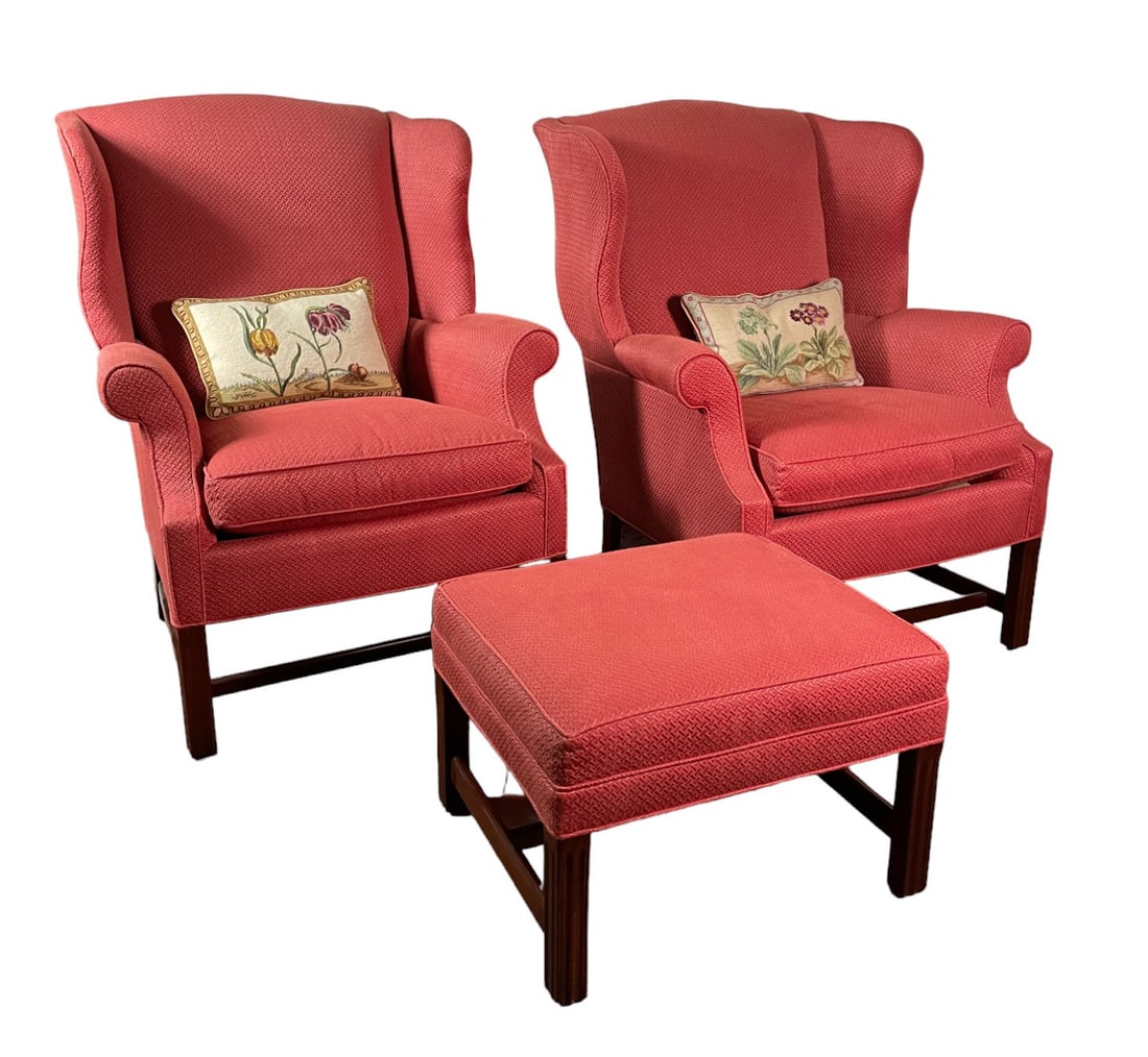 PAIR OF WINGBACK CHAIRS AND OTTOMAN: PAIR OF WINGBACK CHAIRS AND OTTOMAN BY SOUTHWOOD EACH COMES WITH PILLOW Height: 40 in. by Width: 32.5 in. by Depth: 33