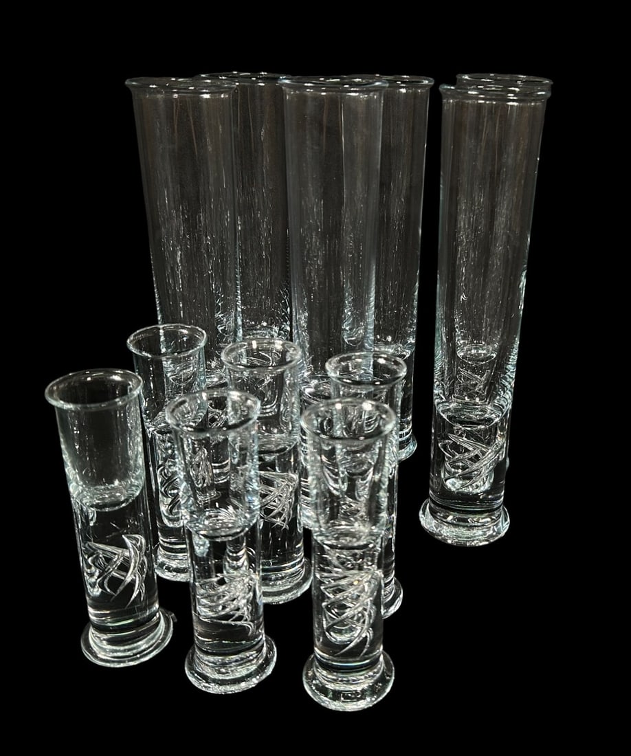 12 HOLMEGAARD "HIGH LIFE" PER LUTKEN GLASSES: 12 HOLMEGAARD "HIGH LIFE" PER LUTKEN GLASSES 6 - BEER GLASSES 6 - SHOT GLASSES Height: 11 in. by Width: 2.5. in. by Depth: 2.5