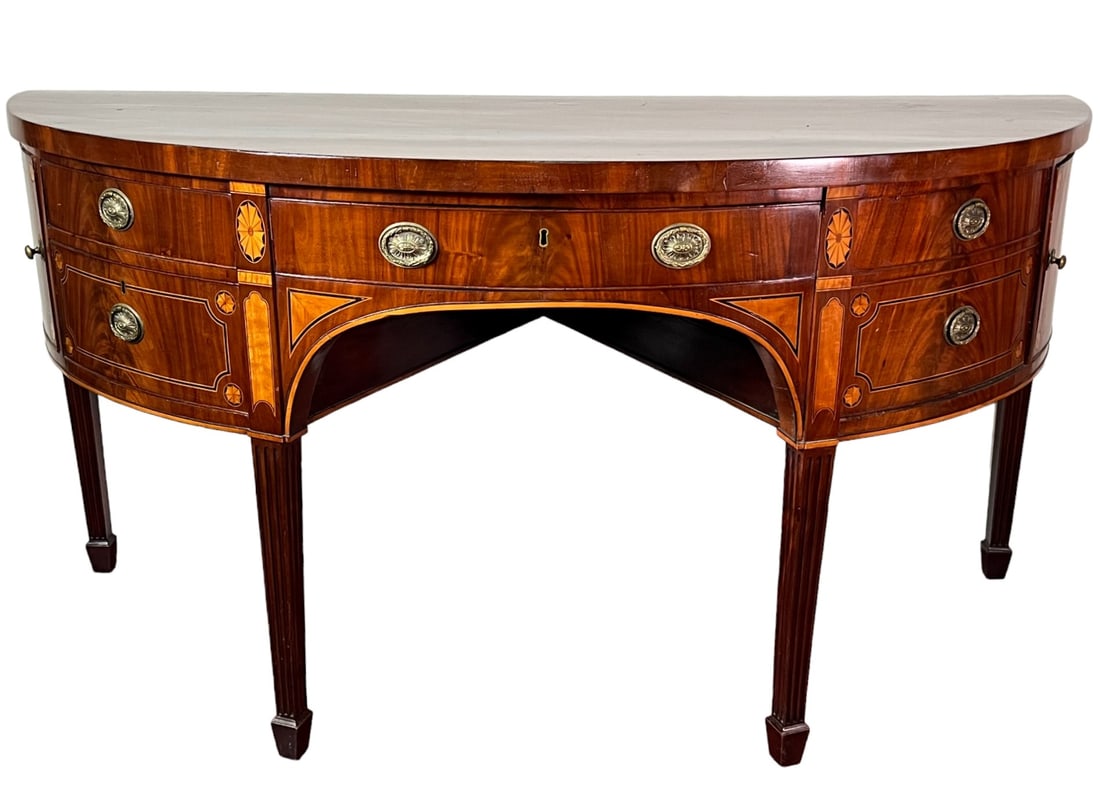 ANTIQUE HEPPLEWHITE MAHOGANY DEMILUNE BUFFET: ANTIQUE HEPPLEWHITE MAHOGANY DEMILUNE BUFFET. Height: 36.75 in. by Width: 73 in. by Depth: 30.5 in.