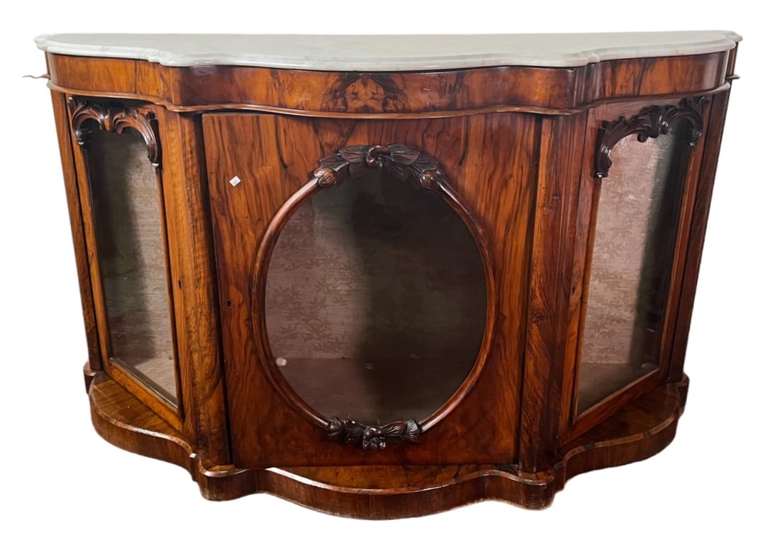 VICTORIAN ROSEWOOD SIDEBOARD WITH MARBLE TOP: VICTORIAN ROSEWOOD SIDEBOARD WITH MARBLE TOP AND THREE DOORS. Height: 34.5 in. by Width: 60 in. by Depth: 21 in.