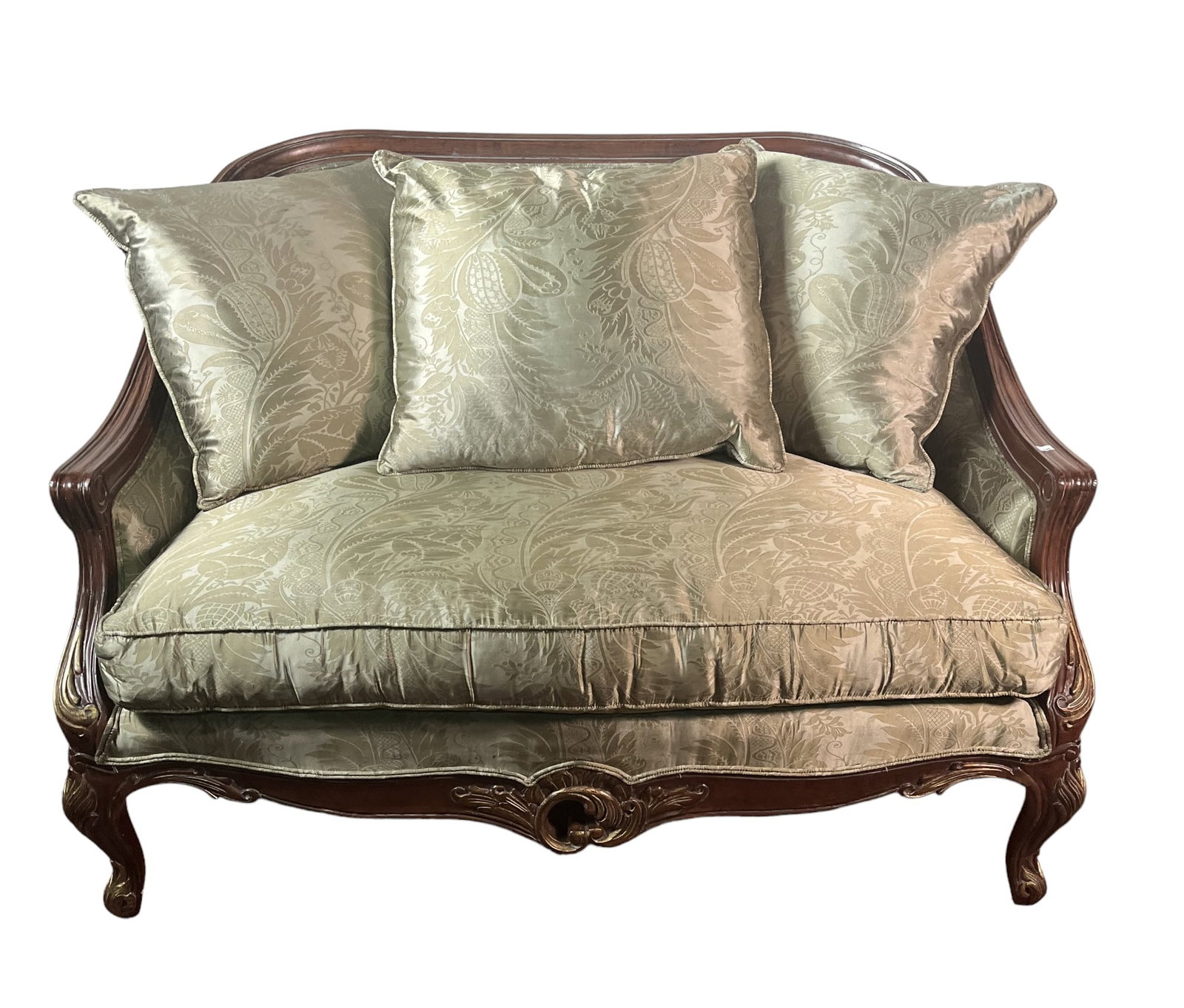 VINTAGE PARLOR SETTEE WITH DOWN FILLED CUSHIONS: VINTAGE PARLOR SETTEE WITH DOWN FILLED CUSHIONS. Height: 36 in. by Width: 50.75 in. by Depth: 36