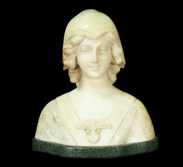19th CENTURY ALABASTER BUST SIGNED A. CIRUINI: 19th CENTURY ALABASTER BUST OF WOMAN SIGNED A. CIRUINI. CIRCA 1880. Height: 15 in. by Width: 14 in. by Depth: 8 in.