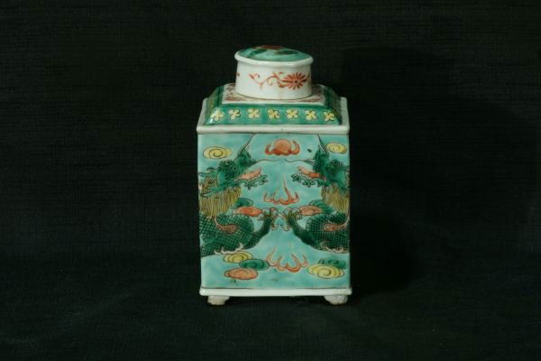 ANTIQUE PORCELAIN TEA CADDIE STAMPED CHINA: ANTIQUE PORCELAIN TEA CADDIE STAMPED CHINA. Height: 6 in. by Width: 4 in. by Depth: 4 in.