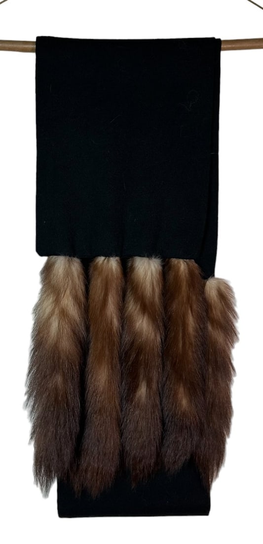 BLACK CLOTH SHAW WITH BAUM MARTIN TAIL TRIM: BLACK CLOTH SHAW WITH BAUM MARTIN TAIL TRIM CLOTH IS 74" LONG BAUM MARTIN TAILS ARE 12" LONG