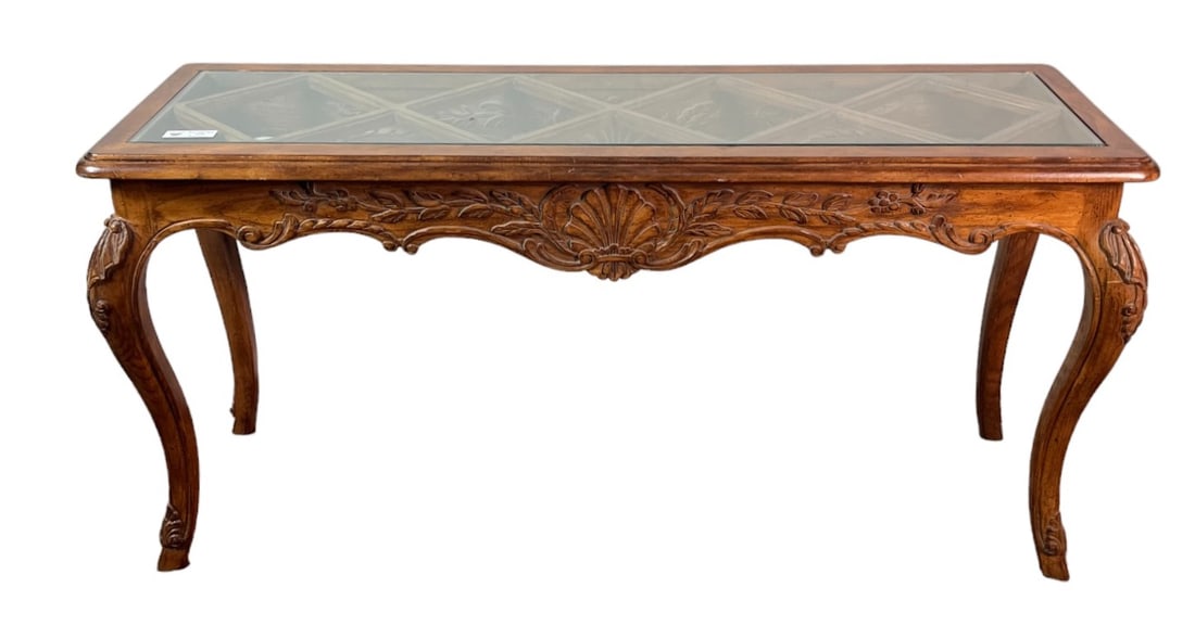 TRADITIONAL WOOD CARVED AND GLASS CONSOLE TABLE (1 of 4)