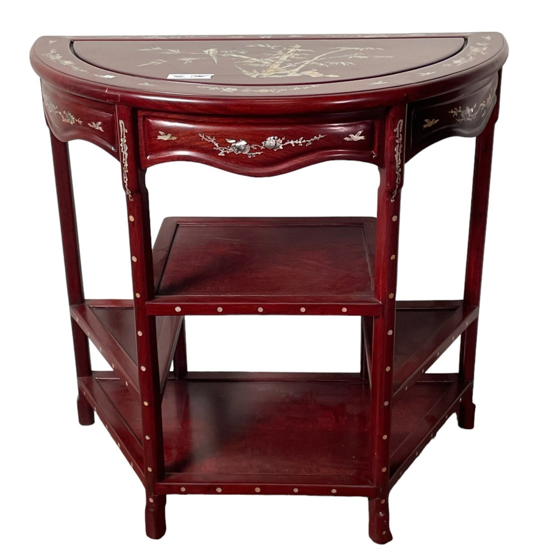 VINTAGE CHINESE MOTHER-OF-PEARL INLAID DEMILUNE: VINTAGE CHINESE MOTHER-OF-PEARL INLAID DEMILUNE TABLE. Height: 31.75 in. by Width: 32 in. by Depth: 16 in.