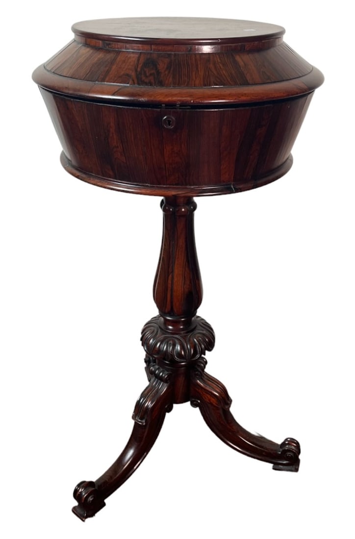 19TH CENTURY ENGLISH ROUND ROSEWOOD TEAPOY: 19TH CENTURY ENGLISH ROUND ROSEWOOD TEAPOY Height: 32 in. by Width: 17.25 in. by Depth: 17.25