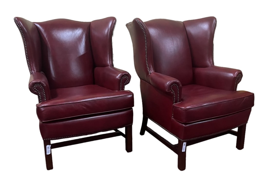 PAIR OF OXBLOOD LEATHER WINGBACK CHAIRS (1 of 4)