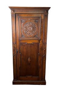 ANTIQUE EDWARDIAN CARVED OAK HALL / ROBE CABINET: ANTIQUE EDWARDIAN CARVED OAK HALL / ROBE CABINET Height: 78 in. by Width: 37 in. by Depth: 18