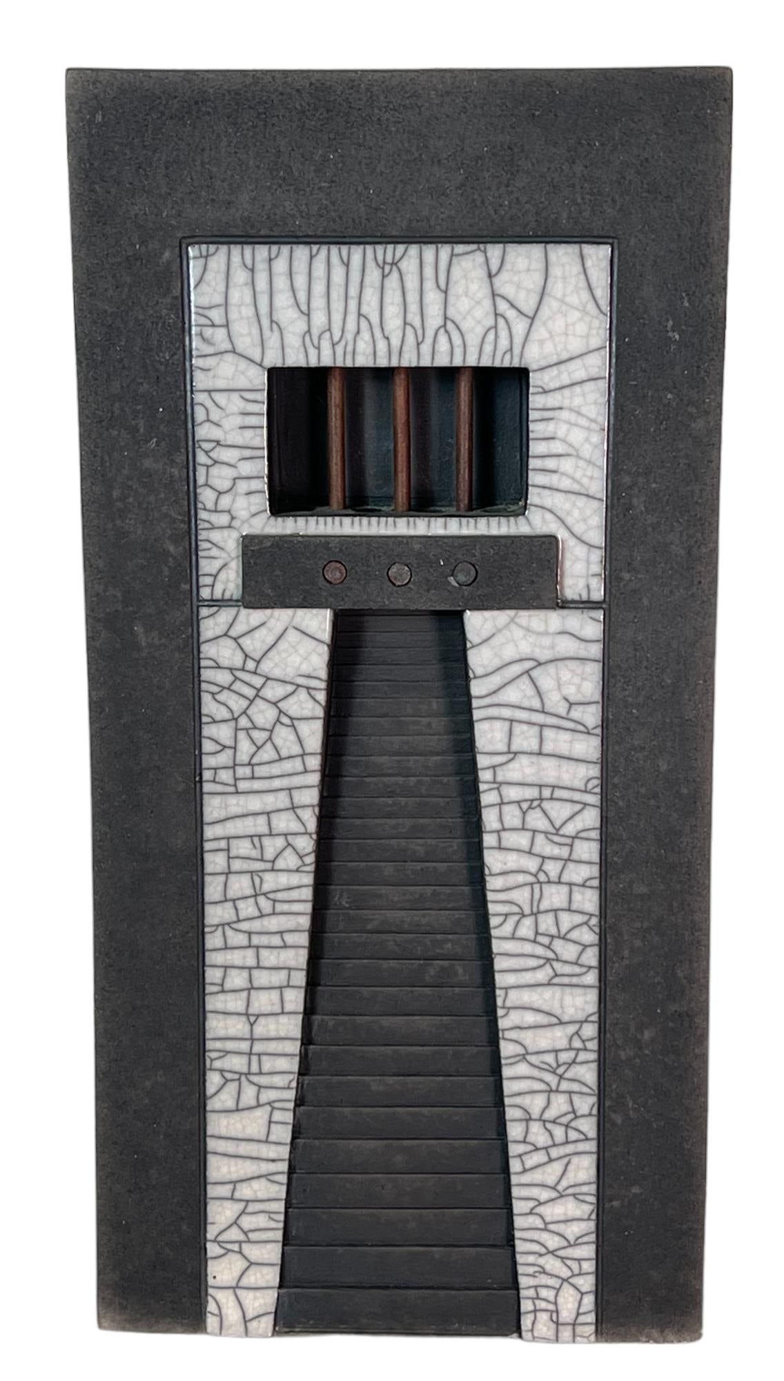 METAL WITH TILE INLAY ABSTRACT STAIRWAY: METAL WITH TILE INLAY ABSTRACT STAIRWAY Height: 19 in. by Width: 9.25 in. by Depth: 2