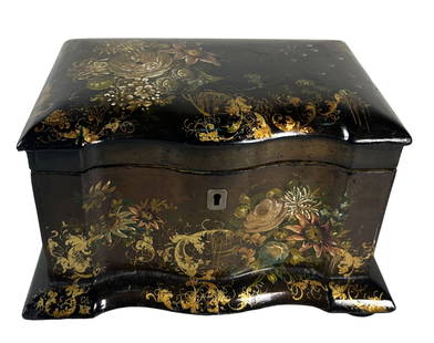 1830'S PEN WORK DOUBLE TEA CADDY: 1830'S PEN WORK DOUBLE TEA CADDY Height: 5.5 in. by Width: 9 in. by Depth: 6.25