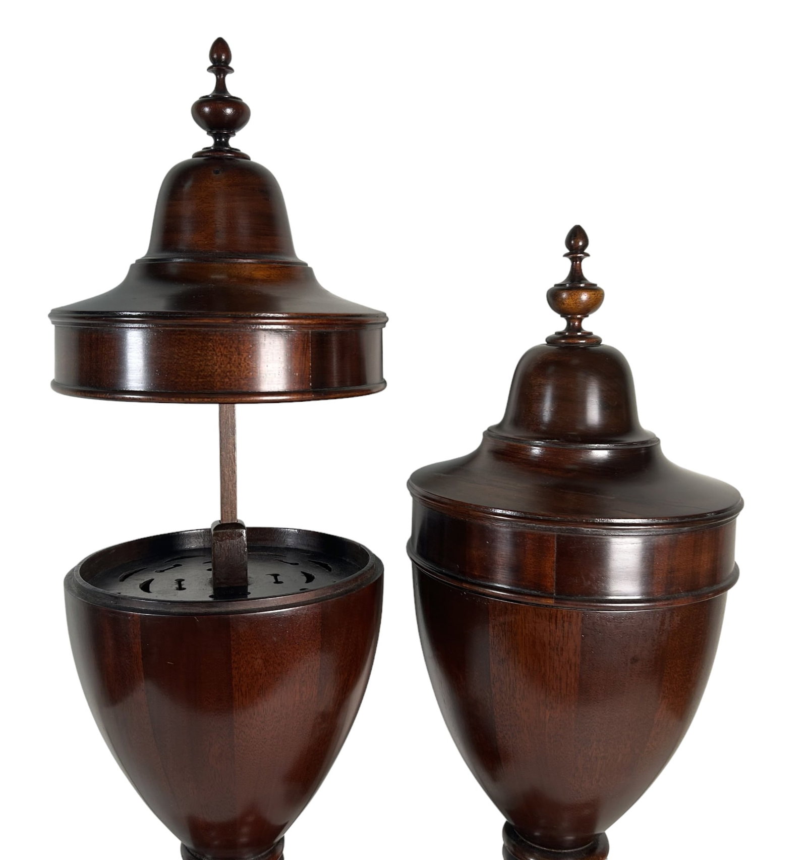 PAIR OF MAHOGANY KNIFE AND CUTLERY URNS: PAIR OF MAHOGANY KNIFE AND CUTLERY URNS Height: 26 in. by Width: 10.5 in. by Depth: 10.5 in.
