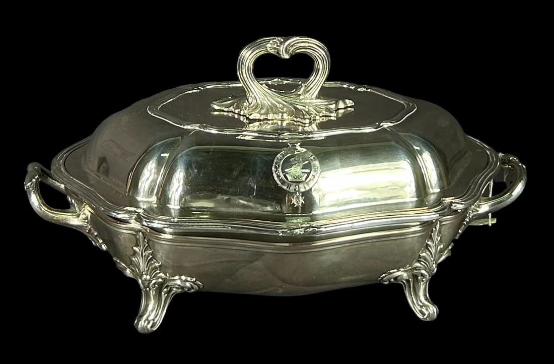 ANTIQUE SILVER PLATE ENTREE DISH ON WARMER (1 of 3)