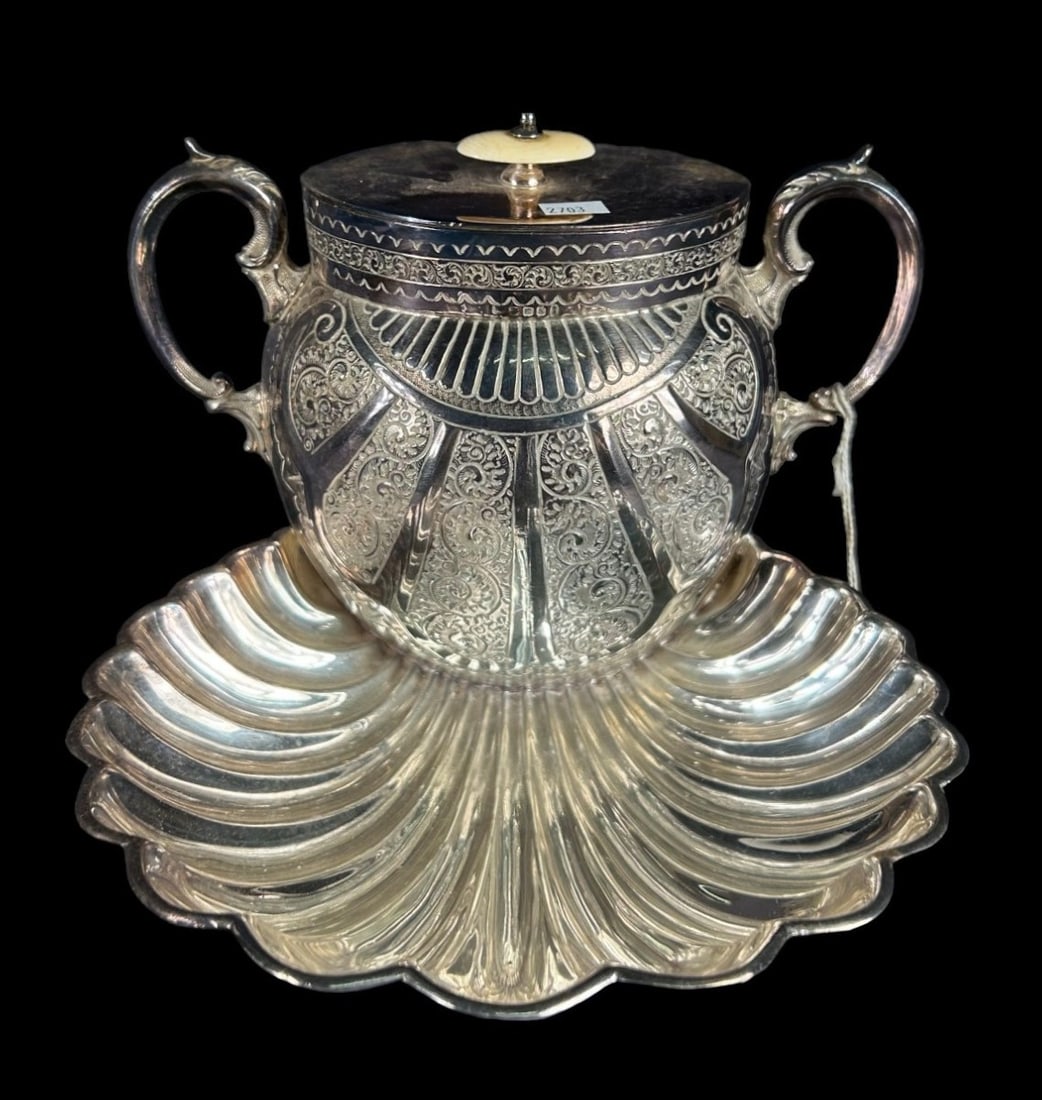 1880'S SILVER PLATE BISCUIT BOX W SHELL TRAY (1 of 3)