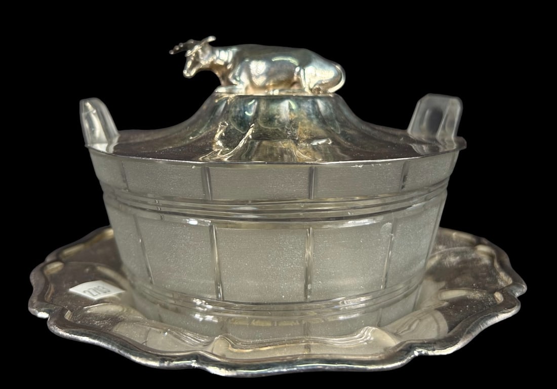 ANTIQUE GLASS AND SILVER PLATE BUTTER DISH (1 of 4)