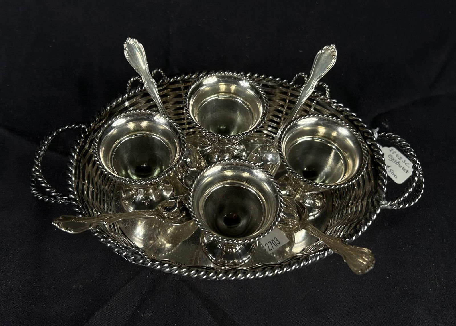 ANTIQUE SILVER PLATE EGG BASKET: ANTIQUE SILVER PLATE EGG BASKET Height: 3 in. by Width: 9.25 in. by Depth: 6