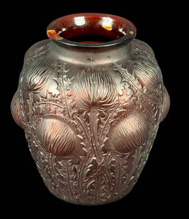 R. LALIQUE DOMREMY VASE ETCHED COPPER: R. LALIQUE DOMREMY VASE ETCHED COPPER Height: 8.75 in. by Width: 7 in. by Depth: 7