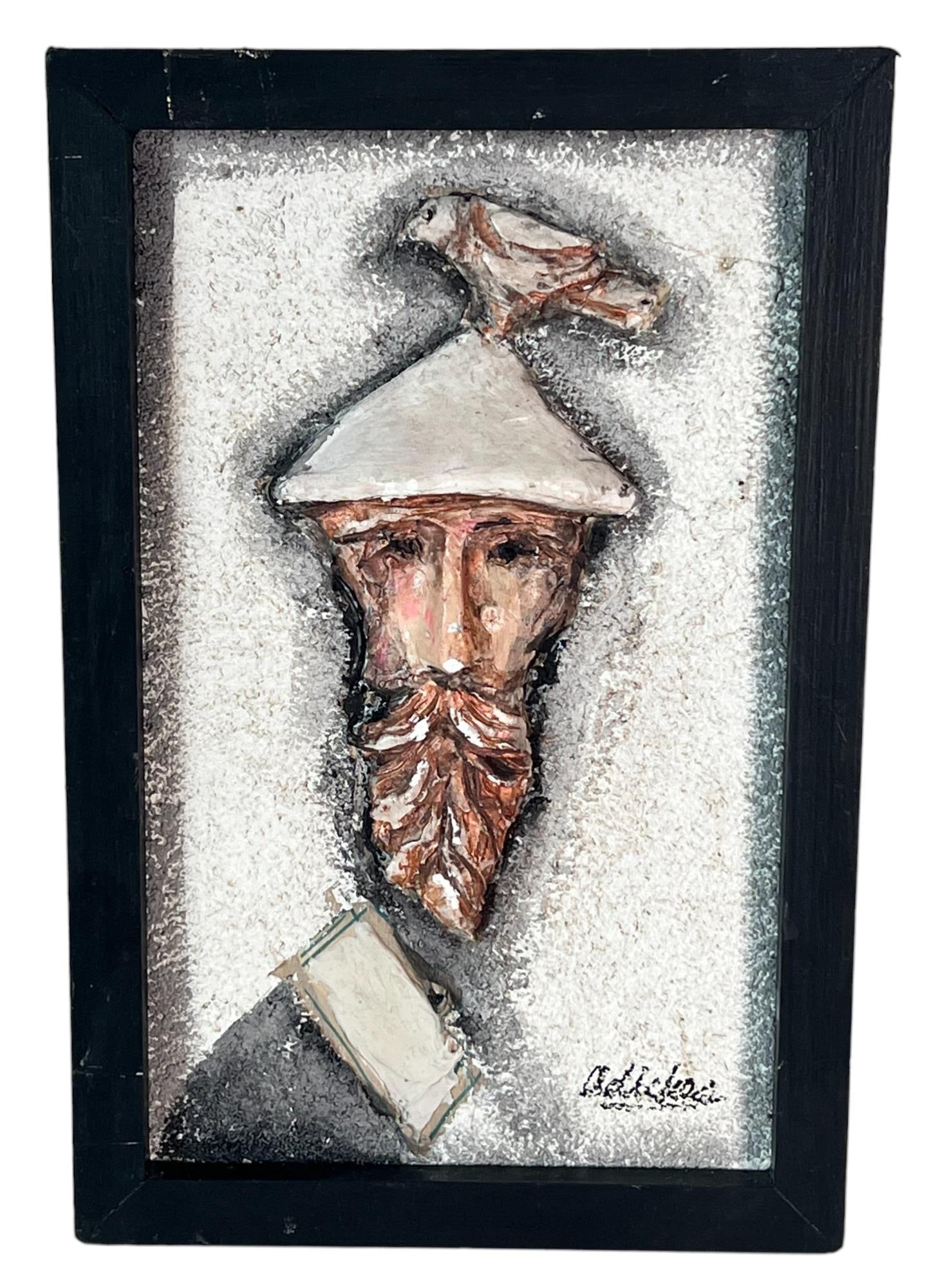 DAVID ADICKES ACRYLIC "BIRD ON MAN'S HEAD" MIXED MEDIA ON PANEL (1 of 2)