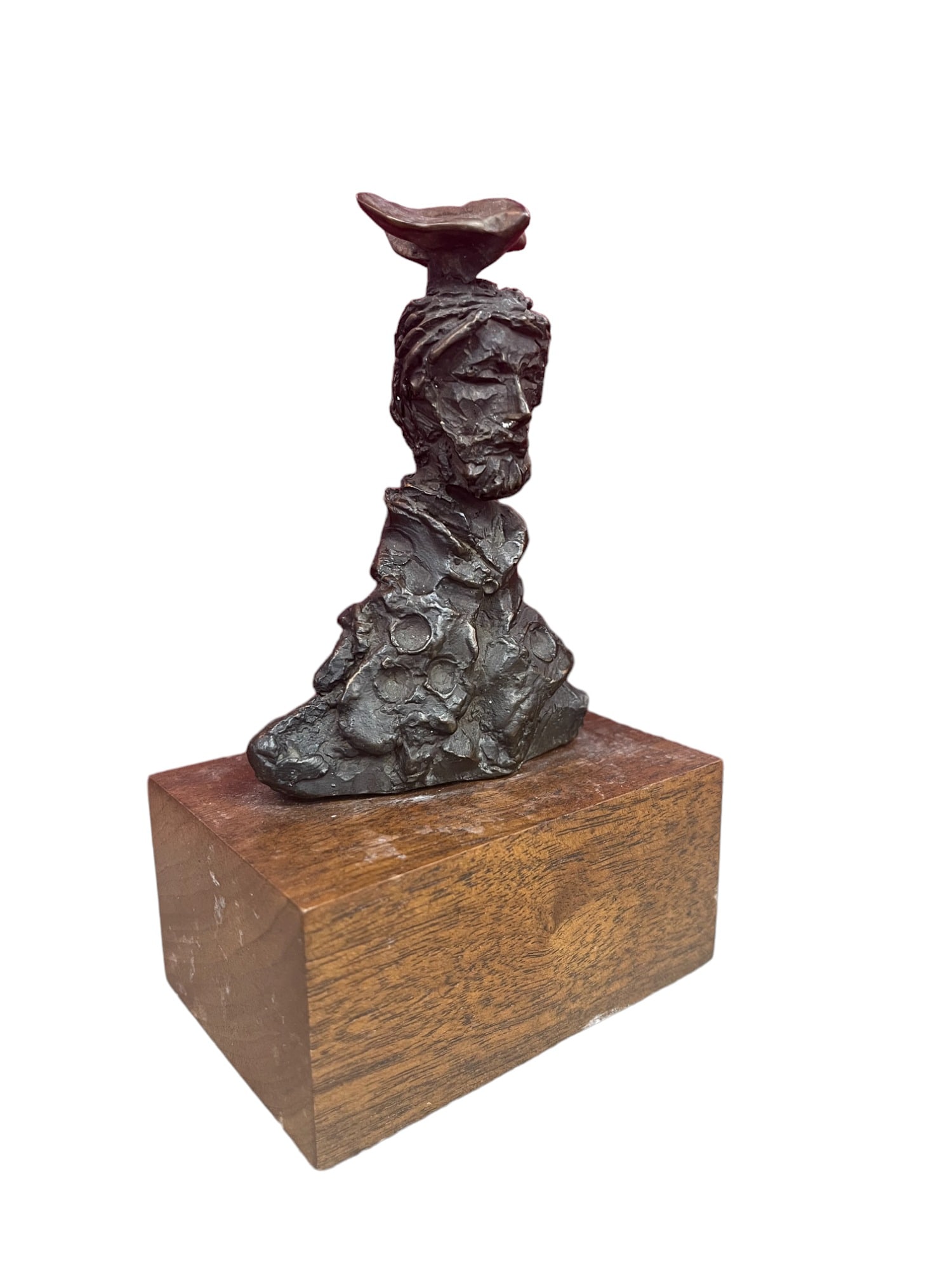 BRONZE DAVID ADICKES SCULPTURE MAN W BIRD: BRONZE DAVID ADICKES SCULPTURE MAN W BIRD ON HEAD Height: 6 in. by Width: 3.75 in. by Depth: 2.5