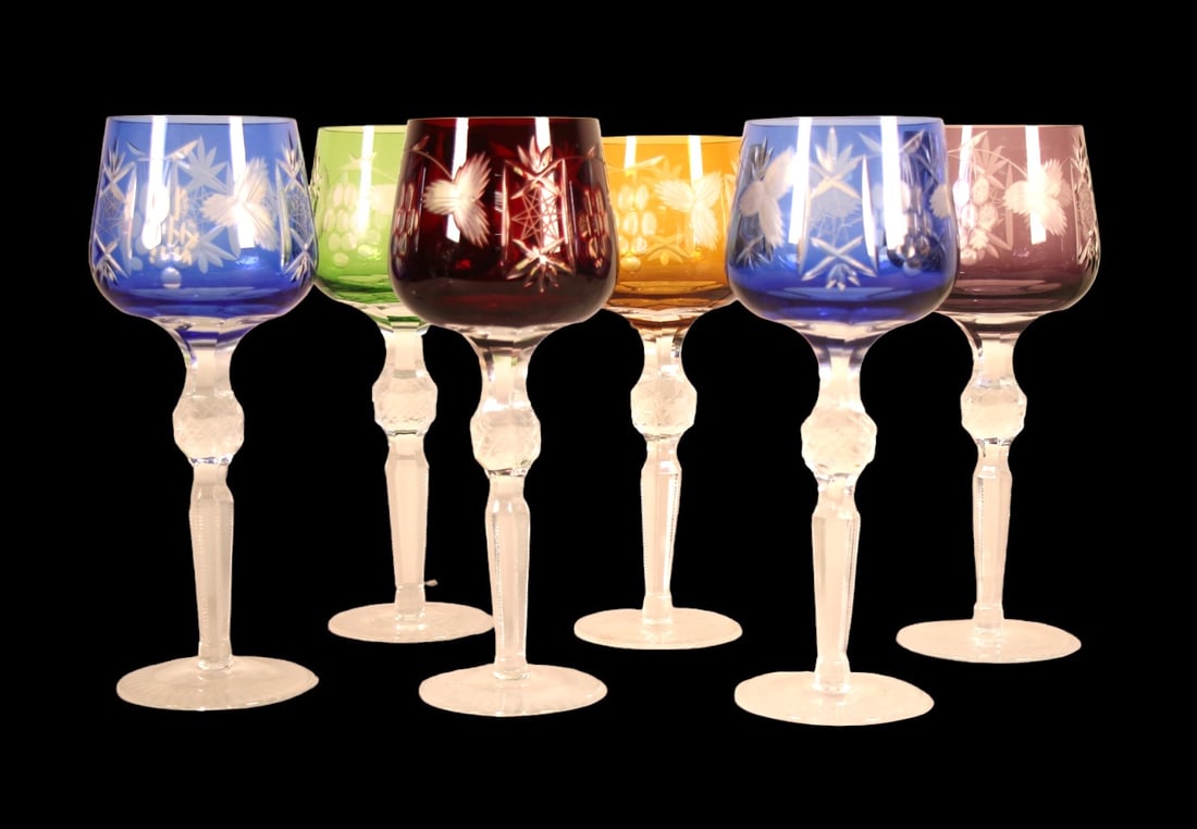 6 MULTICOLOR BOHEMIAN CRYSTAL WINE GLASSES: 6 MULTICOLOR BOHEMIAN CRYSTAL WINE GLASSES Height: 8 3/8 in. by Width: 3 3/8 in. by Depth: 3 3/8