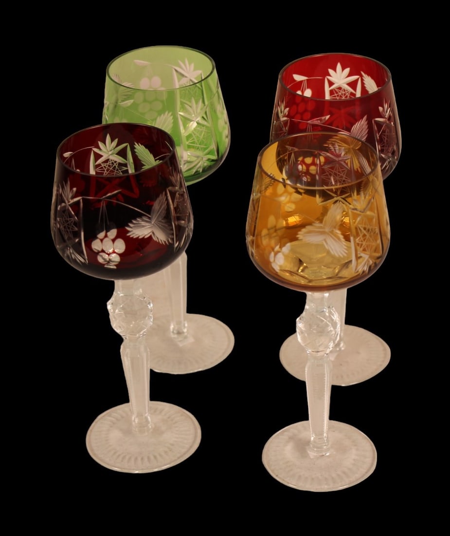 4 MULTICOLOR BOHEMIAN CRYSTAL WINE GLASSES: 4 MULTICOLOR BOHEMIAN CRYSTAL WINE GLASSES Height: 8 3/8 in. by Width: 3 3/8 in. by Depth: 3 3/8