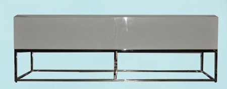 BOILER AND COMPANY CREDENZA: BOILER AND COMPANY CREDENZA IN IVORY LACQUER AND STAINLESS STEEL. RETAIL VALUE $6000. Height: 28 in. by Width: 88 in. by Depth: 22 in.