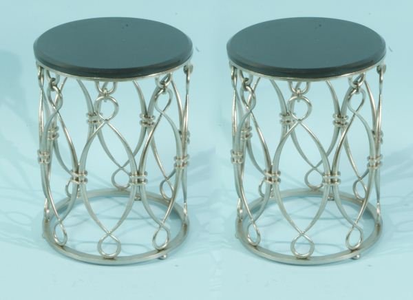 PAIR OF GLOBAL VIEWS GRANITE TOP COCKTAIL TABLE: PAIR OF GLOBAL VIEWS BRUSHED NICKEL GRANITE TOP COCKTAIL TABLE. RETAIL VALUE $875 EACH. Height: 21 in. by Width: 15 in.