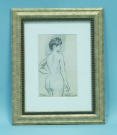PIERRE BONNARD "FEMALE NUDE" CHARCOAL DRAWING: ATTRIBUTED TO/IN THE MANNER OF PIERRE BONNARD (1867-1947) CHARCOAL DRAWING OF A STANDING FEMALE NUDE, SIGNED LOWER RIGHT. VERY GOOD APPARENT CONDITION. Height: 8 3/8 in. by Width: 5 1/4 in.
