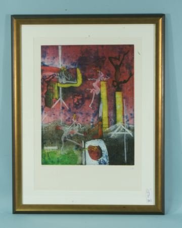 ROBERTO MATTA "LASTRA VII" ETCHING/AQUATINT #34/50: ROBERTO SEBASTIAN MATTA "LASTRA VII" ETCHING AND AQUATING, EDITION NUMBER 34/50 Height: 35 and 27 in. by Width: 21 and 16 1/2 in. by Depth: 1 1/4 & 1 3/4 in.