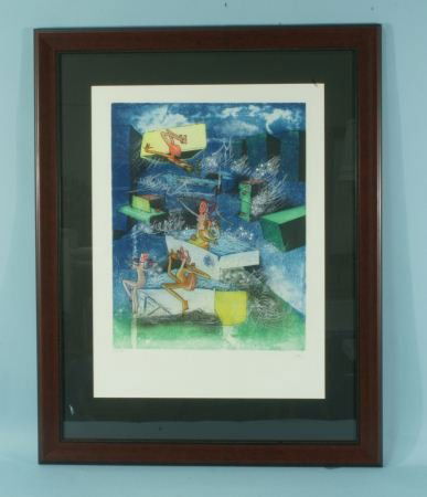 ROBERTO MATTA "LASTRA V" ETCHING/ AQUATINT, #34/50: ROBERTO SEBASTIAN MATTA "LASTRA V" ETCHING AND AQUATINT, EDITION NUMBER 34/50. Height: 38 and 21 1/4 in. by Width: 30 and 16 1/2 in. by Depth: 1 1/2 in.