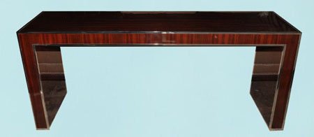 BOLIER AND COMPANY ART DECO CONSOLE TABLE: BOLIER AND COMPANY FOR DECCA ART DECO STYLE CONSOLE TABLE WITH CHROME ACCENTS. RETAIL VALUE $4875. Height: 32 1/2 in. by Width: 72 in. by Depth: 18 in.