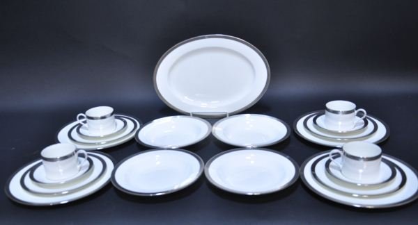 TWENTY ONE PIECE RALPH LAUREN CHINA SET: TWENTY ONE PIECE RALPH LAUREN "LAUREN" HEWITT PLATINUM CHINA SET. Height: 1 and 2 1/2 in. by Width: 15 and 4 1/2 in. by Depth: 11 and 3 in.