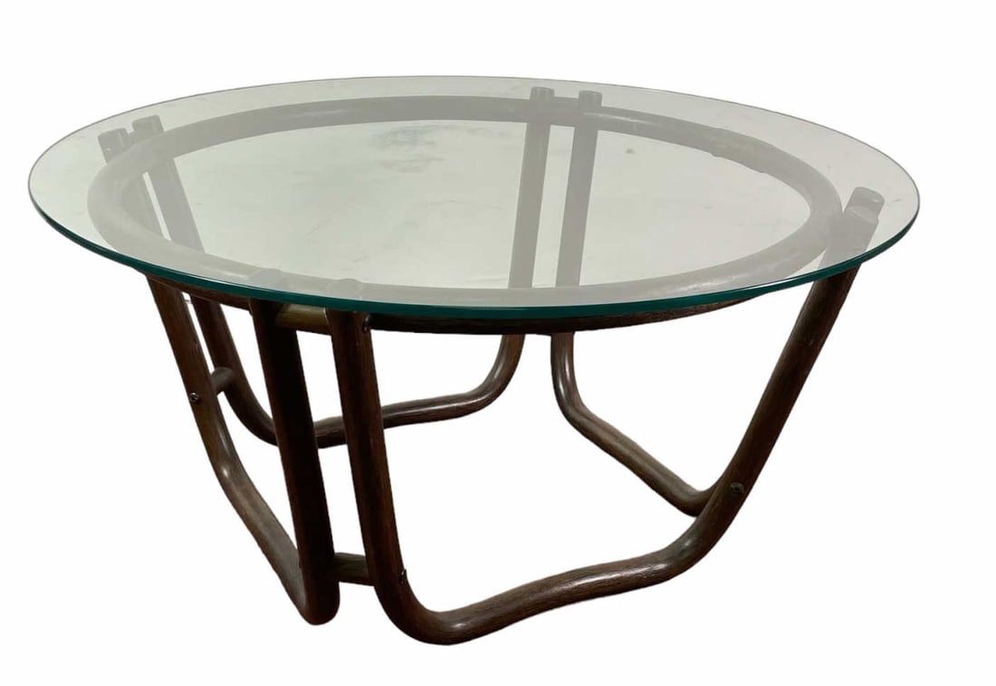 VINTAGE RATTAN AND GLASS TOP COFFEE TABLE: VINTAGE RATTAN AND GLASS TOP COFFEE TABLE. Height: 17.5 in. by Width: 36 in. by Depth: 36 in.