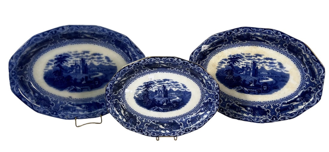 STAFFORDSHIRE ENGLAND WATTEAU FLOW BLUE PLATTERS (1 of 7)
