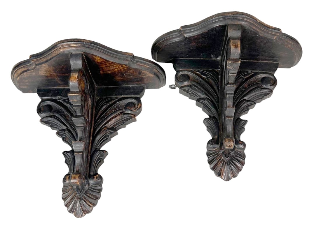 PAIR OF WOOD CARVED WALL HANGING SHELVES: PAIR OF WOOD CARVED WALL HANGING SHELVES Height: 13.5 in. by Width: 15 in. by Depth: 7
